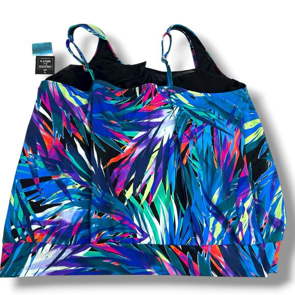 NWT Swim Solutions Blue Blouson Tankini Top SZ 22W Loose Fit Underwire Tropical - Picture 7 of 10